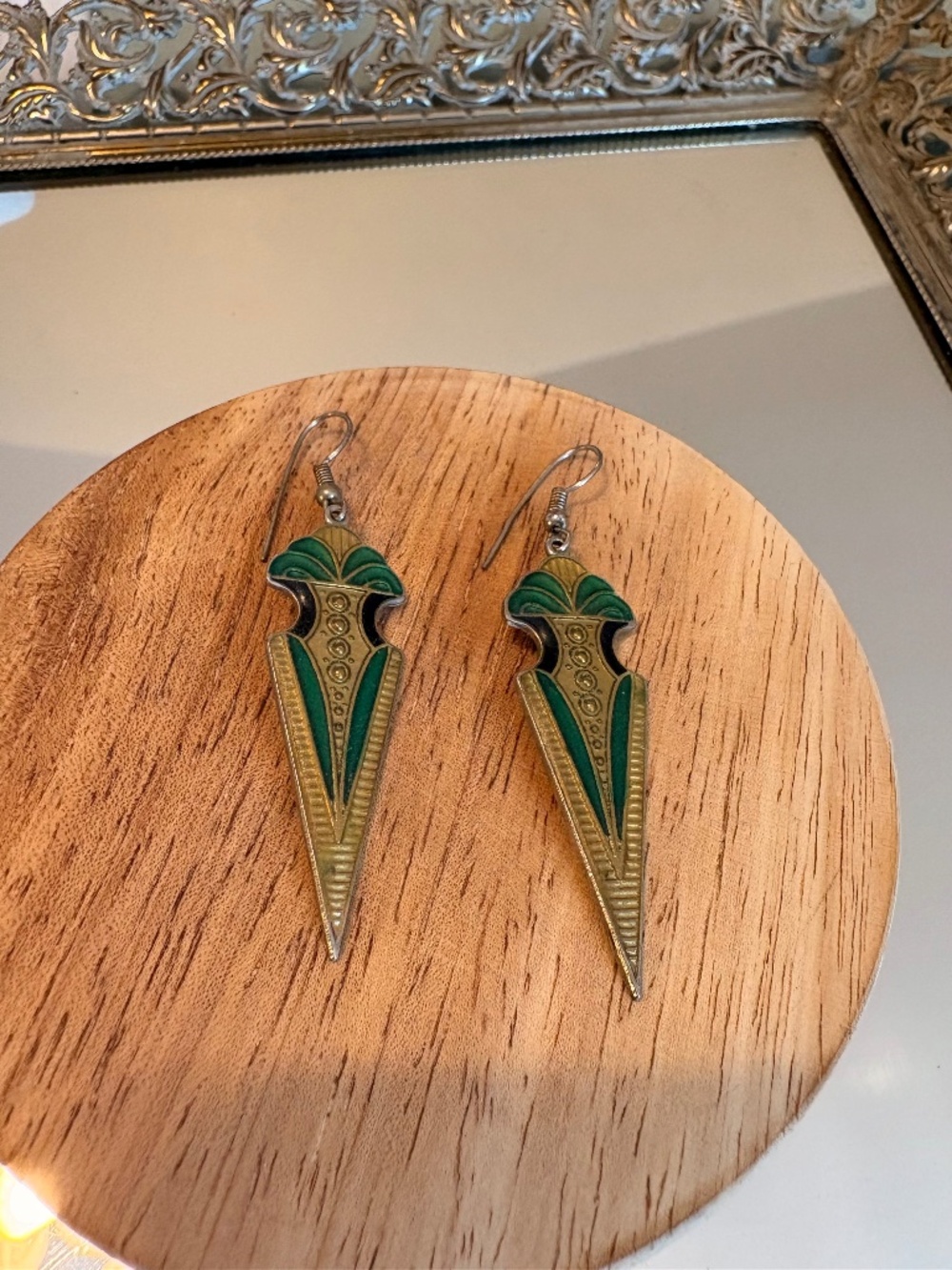 Gold and green Mardi Gras inspired earrings with triangular shape